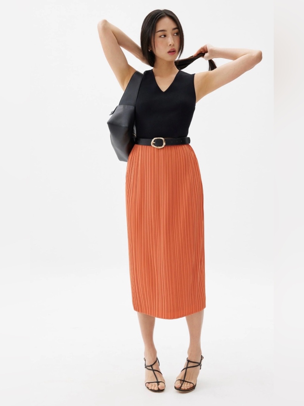 Love Bonito Gym Terracotta Orange Pleated Column Midi Skirt Elastic Waist US 6